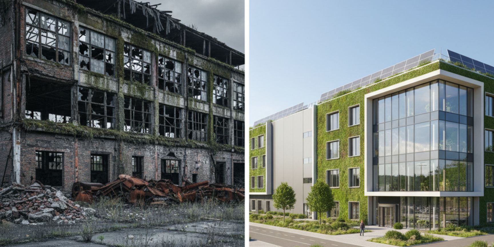 A split view shows an abandoned, ruinous factory with broken windows and overgrowth on the left, contrasted to the right by a newly built, energy-efficient logistics facility with vertical gardens, solar panels and modern architecture under blue skies